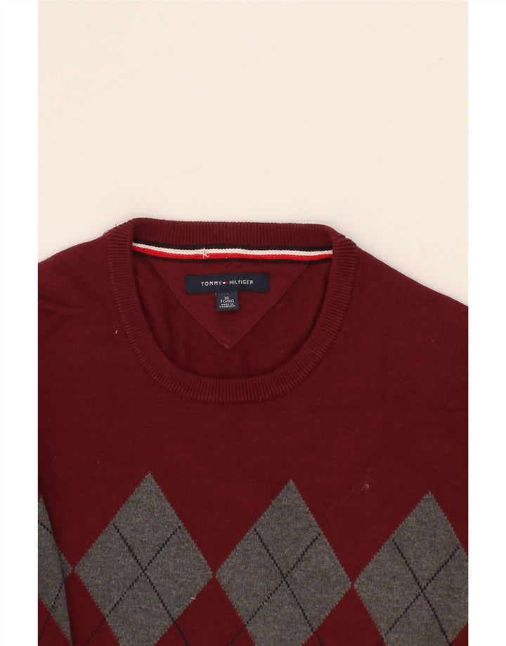 TOMMY HILFIGER Mens Crew Neck Jumper Sweater XL Maroon Argyle/Diamond Vintage Tommy Hilfiger and Second-Hand Tommy Hilfiger from Messina Hembry 