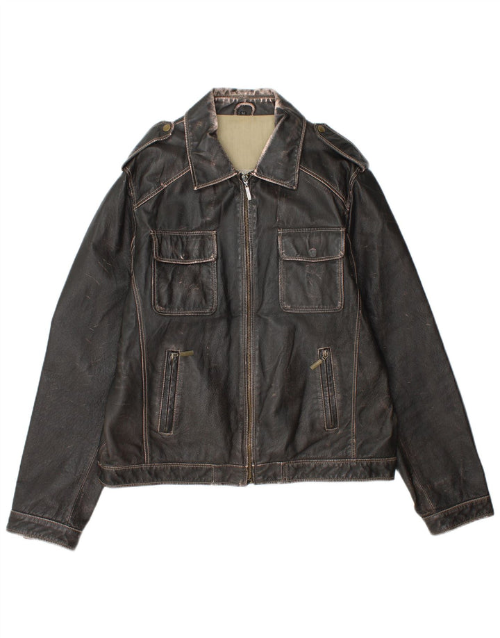 Le Frog Womens Military Leather Jacket IT 52 2XL Black