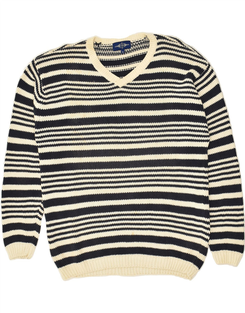 VINTAGE Mens Slim Fit V-Neck Jumper Sweater XL Navy Blue Striped Cotton | Vintage Vintage | Thrift | Second-Hand Vintage | Used Clothing | Messina Hembry 