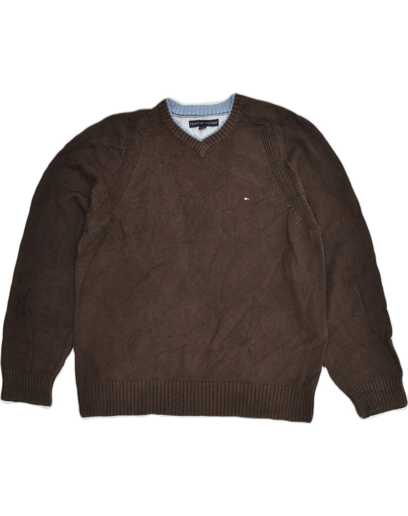 TOMMY HILFIGER Mens V-Neck Jumper Sweater Large Brown Cotton | Vintage Tommy Hilfiger | Thrift | Second-Hand Tommy Hilfiger | Used Clothing | Messina Hembry 