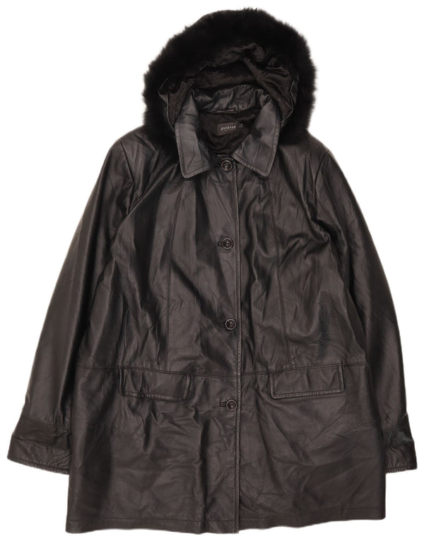 Oviesse Womens Hooded Leather Coat IT 52 2XL Black