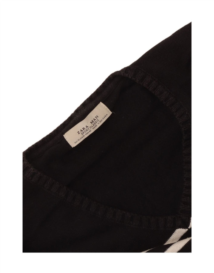 Zara Mens V-Neck Jumper Sweater XL Black Striped