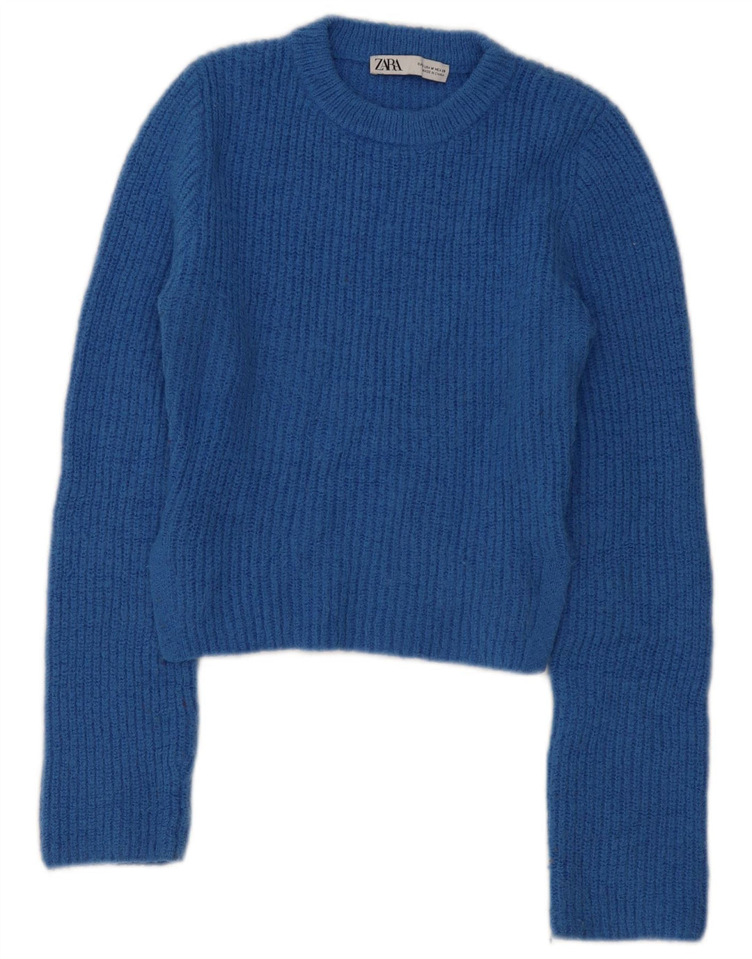 Zara Womens Crop Crew Neck Jumper Sweater UK 12 Medium Blue Polyester