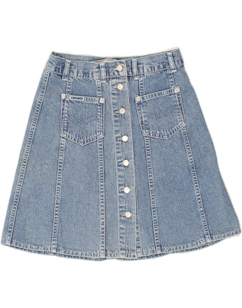 CROWN Womens Denim A-Line Skirt W28 Medium  Blue Cotton Vintage Crown and Second-Hand Crown from Messina Hembry 