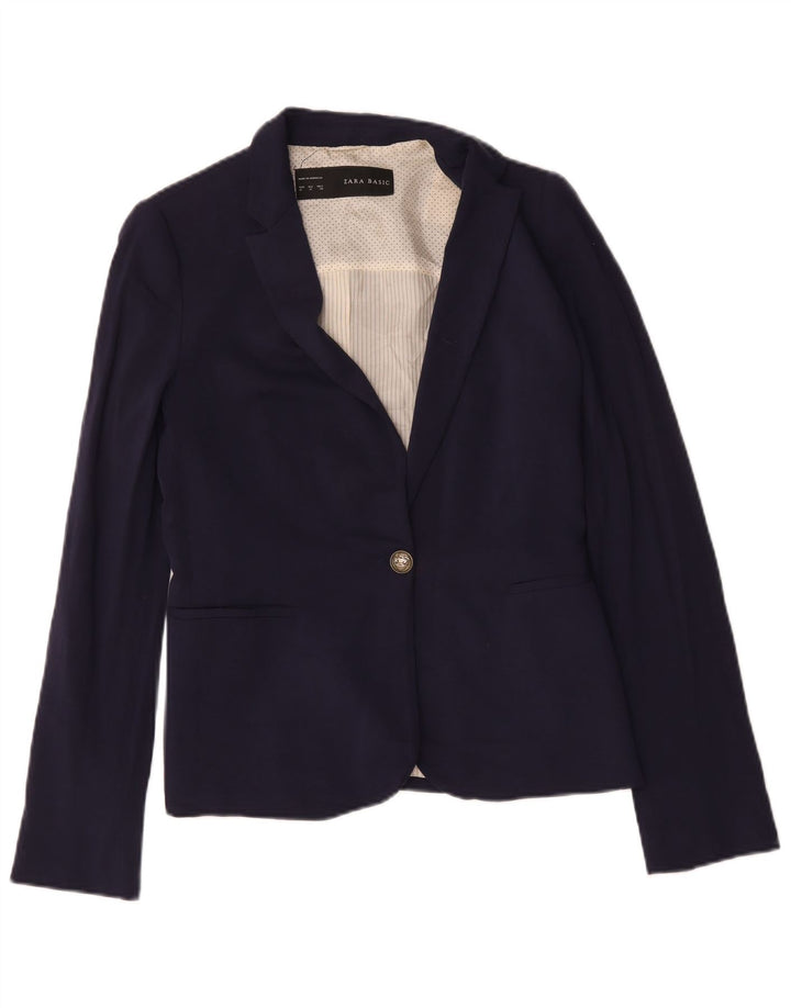 Zara Womens 1 Button Blazer Jacket UK 12 Medium Navy Blue Viscose