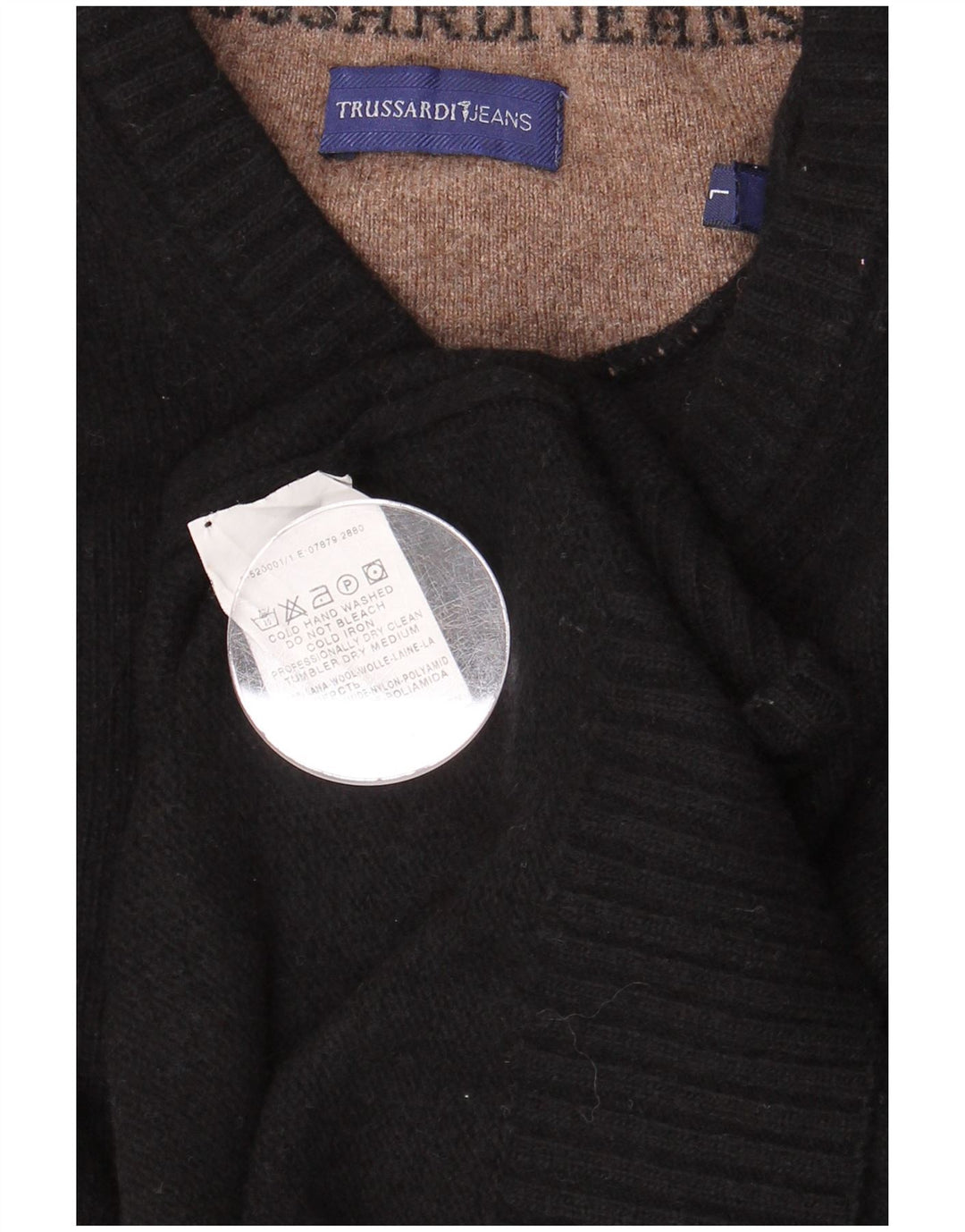 TRUSSARDI JEANS Mens V-Neck Jumper Sweater Large Black Wool