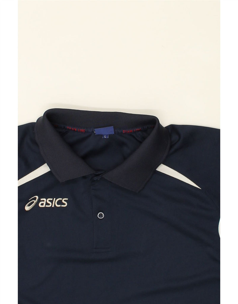 ASICS Mens Polo Shirt Large Navy Blue Colourblock | Vintage Asics | Thrift | Second-Hand Asics | Used Clothing | Messina Hembry 