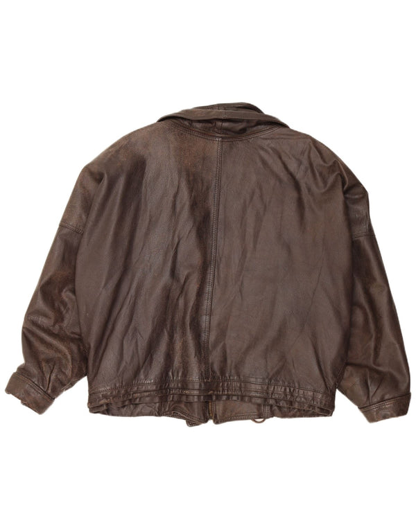 Vintage Womens Crop Oversized Leather Jacket IT 52 2XL Brown Leather