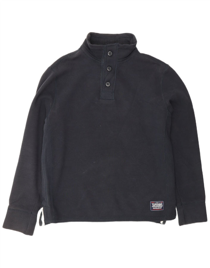 Superdry Mens Graphic Button Neck Sweatshirt Jumper XL Navy Blue Cotton