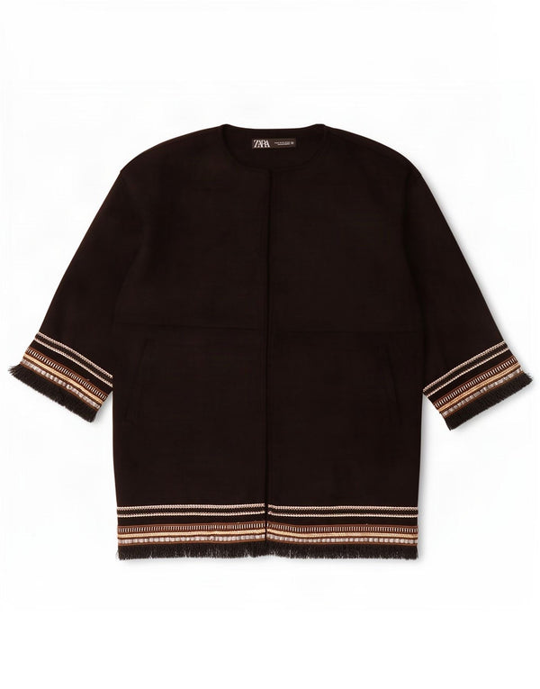Zara Womens Oversized 3/4 Sleeve Open Overcoat UK 6 XS Black Striped