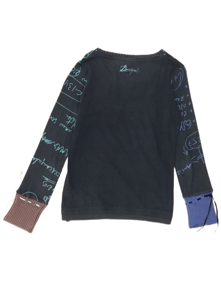 Desigual Womens Graphic Top Long Sleeve UK 14 Medium Navy Blue Heart