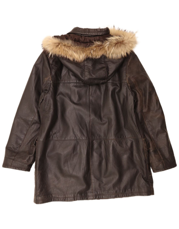 Vintage Womens Hooded Leather Coat IT 48 XL Brown