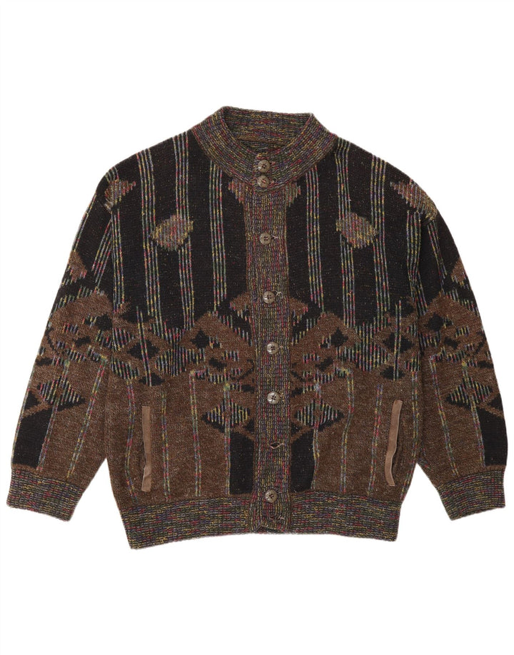 Vintage Mens Cardigan Sweater Medium Brown Geometric