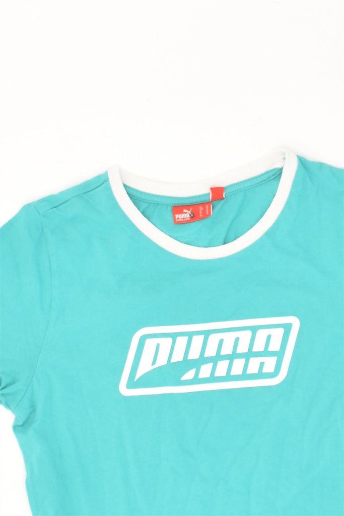 PUMA Womens Graphic T-Shirt Top UK 12 Medium Turquoise Cotton | Vintage Puma | Thrift | Second-Hand Puma | Used Clothing | Messina Hembry 