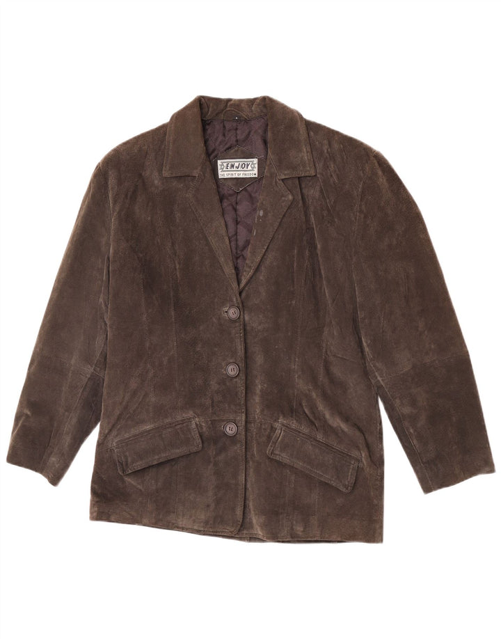 ENJOY Womens 3 Button Suede Blazer Jacket UK 14 Medium Grey Leather