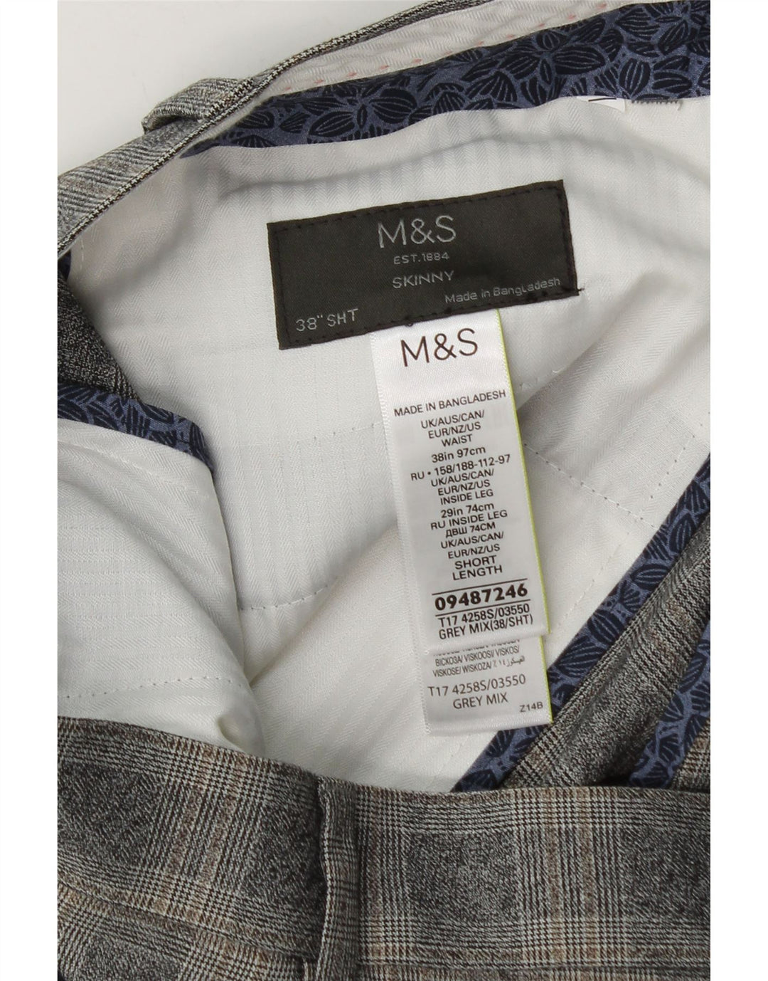 Marks & Spencer Mens Slim Suit Trousers W38 L29 Grey Check Polyester