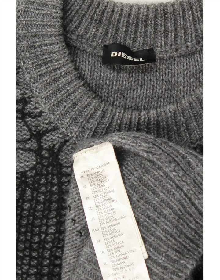 Diesel Mens Distressed Crew Neck Jumper Sweater Large Grey Acrylic