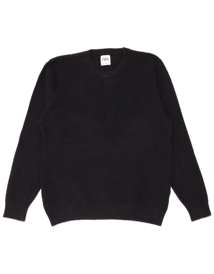 Zara Mens Crew Neck Jumper Sweater Medium Black Pinstripe Cotton