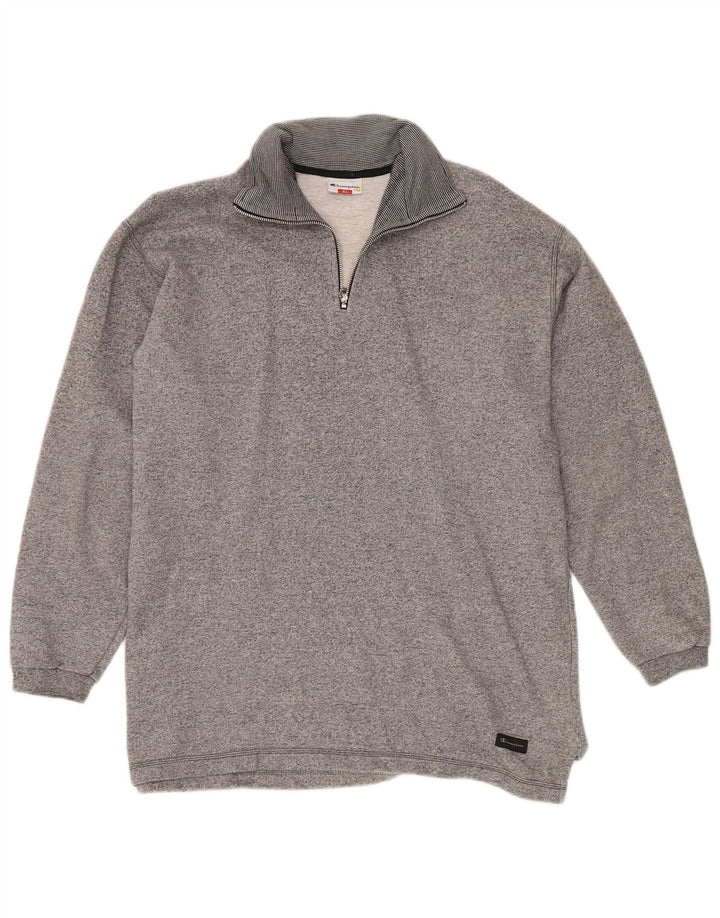 CHAMPION Mens Zip Neck Sweatshirt Jumper XL Grey Flecked Cotton
