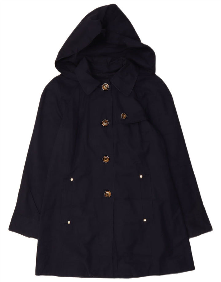 LONDON FOG Womens Hooded Trench Coat UK 14 Medium Navy Blue Cotton