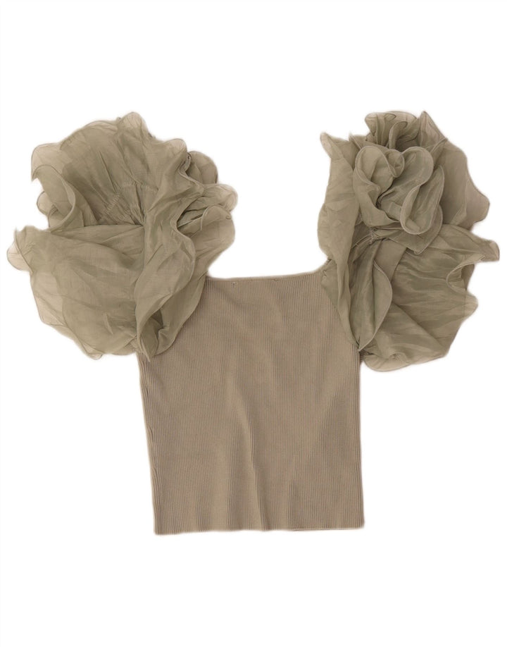 Zara Womens Crop Blouse Top UK 12 Medium Beige Viscose
