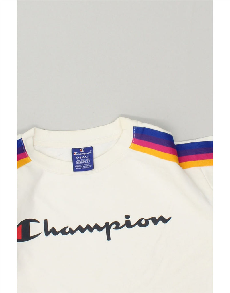 CHAMPION Womens Crop Graphic Sweatshirt Jumper UK 4 XS White Cotton | Vintage Champion | Thrift | Second-Hand Champion | Used Clothing | Messina Hembry 