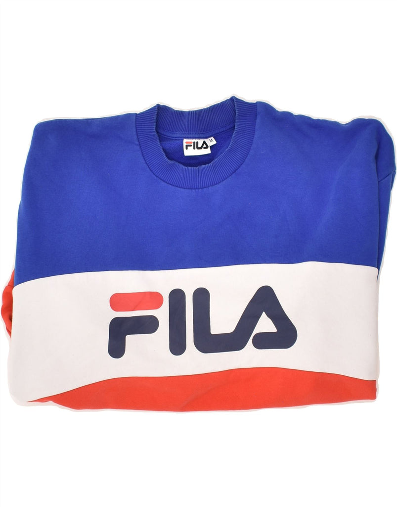 FILA Mens Graphic Sweatshirt Jumper Medium Blue Colourblock Cotton | Vintage Fila | Thrift | Second-Hand Fila | Used Clothing | Messina Hembry 