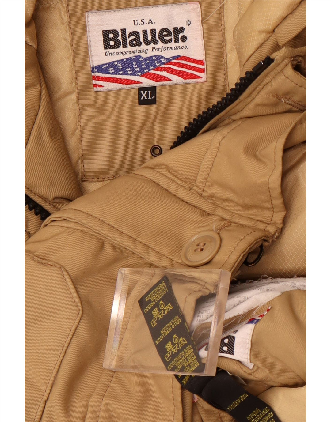 Blauer Mens Hooded Military Bomber Jacket UK 42 XL Beige Polyamide