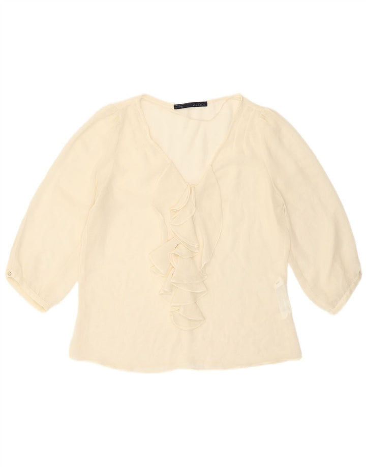 Zara Womens 3/4 Sleeve Ruffle Front Blouse Top UK 14 Large Off White