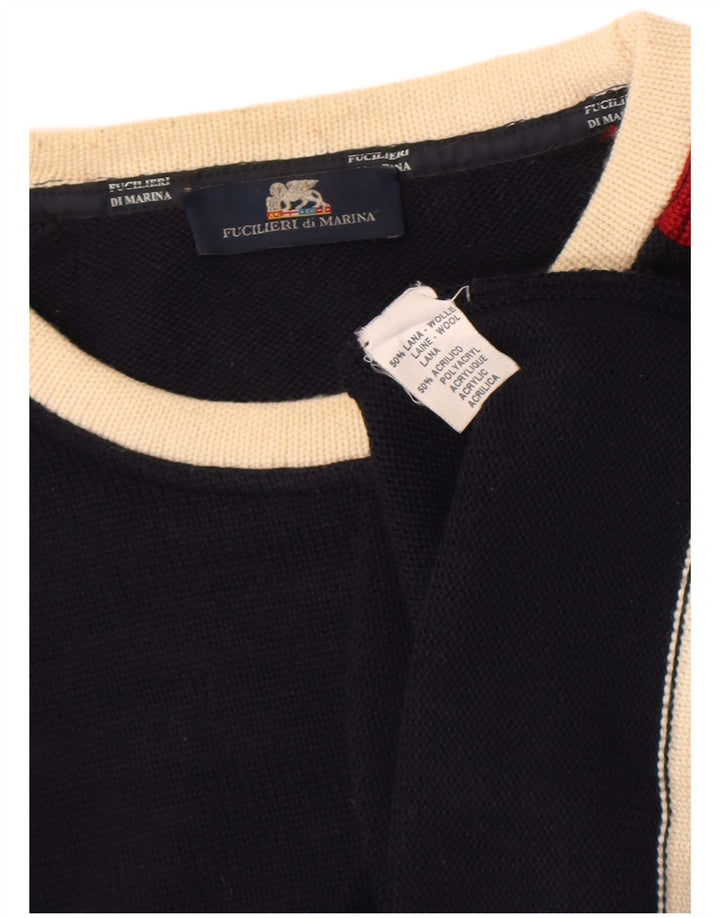 Vintage Mens Crew Neck Jumper Sweater Small Navy Blue Colourblock Wool