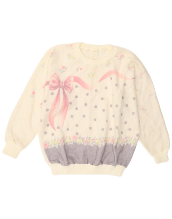 Vintage Womens Crew Neck Jumper Sweater UK 16 Large Off White Floral