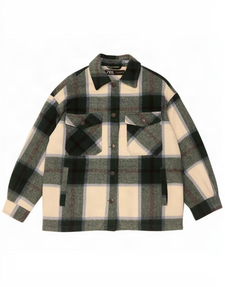 Zara Womens Oversized Utility Jacket UK 6 XS Green Check Acrylic