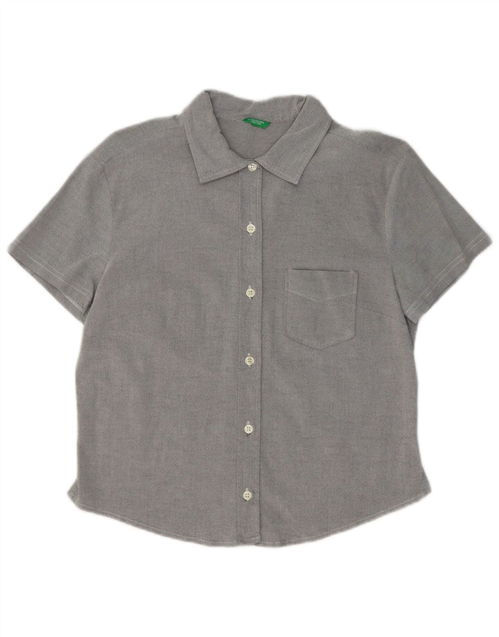 Benetton Womens Short Sleeve Shirt UK 14 Medium Grey Cotton