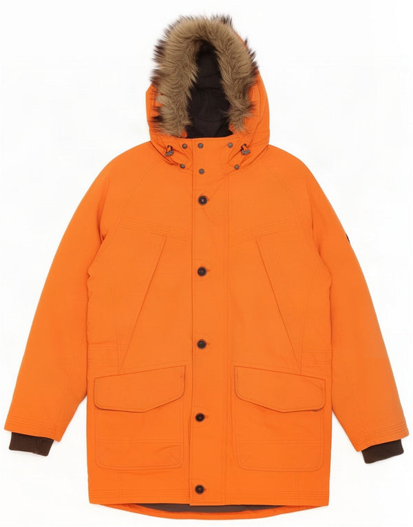 Timberland Mens Hooded Padded Parka Jacket UK 40 Large Orange Cotton