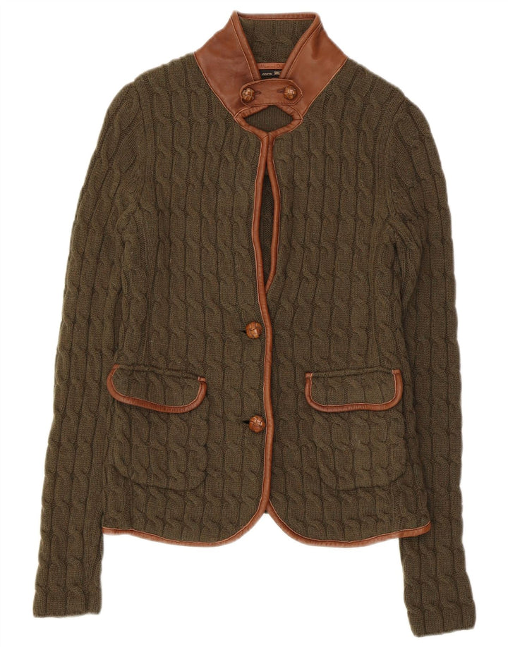 Massimo Dutti Womens Cardigan Sweater UK 8 Small Khaki Colourblock Wool