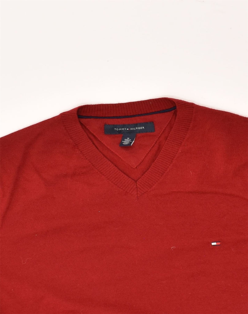 TOMMY HILFIGER Mens V-Neck Jumper Sweater Medium Red Wool | Vintage Tommy Hilfiger | Thrift | Second-Hand Tommy Hilfiger | Used Clothing | Messina Hembry 