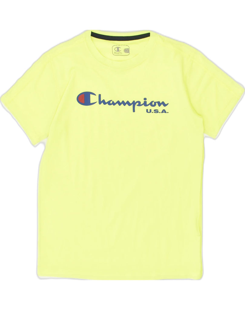 CHAMPION Boys Graphic T-Shirt Top 11-12 Years Large  Yellow Polyester | Vintage Champion | Thrift | Second-Hand Champion | Used Clothing | Messina Hembry 