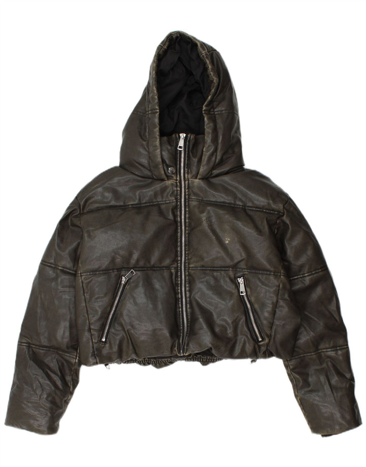 ZARA Womens Oversized Crop Hooded Padded Jacket UK 10 Small Khaki