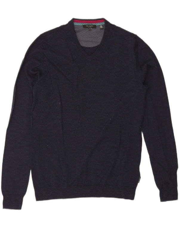 TED BAKER Mens V-Neck Jumper Sweater Size 3 Medium Navy Blue Merino Wool