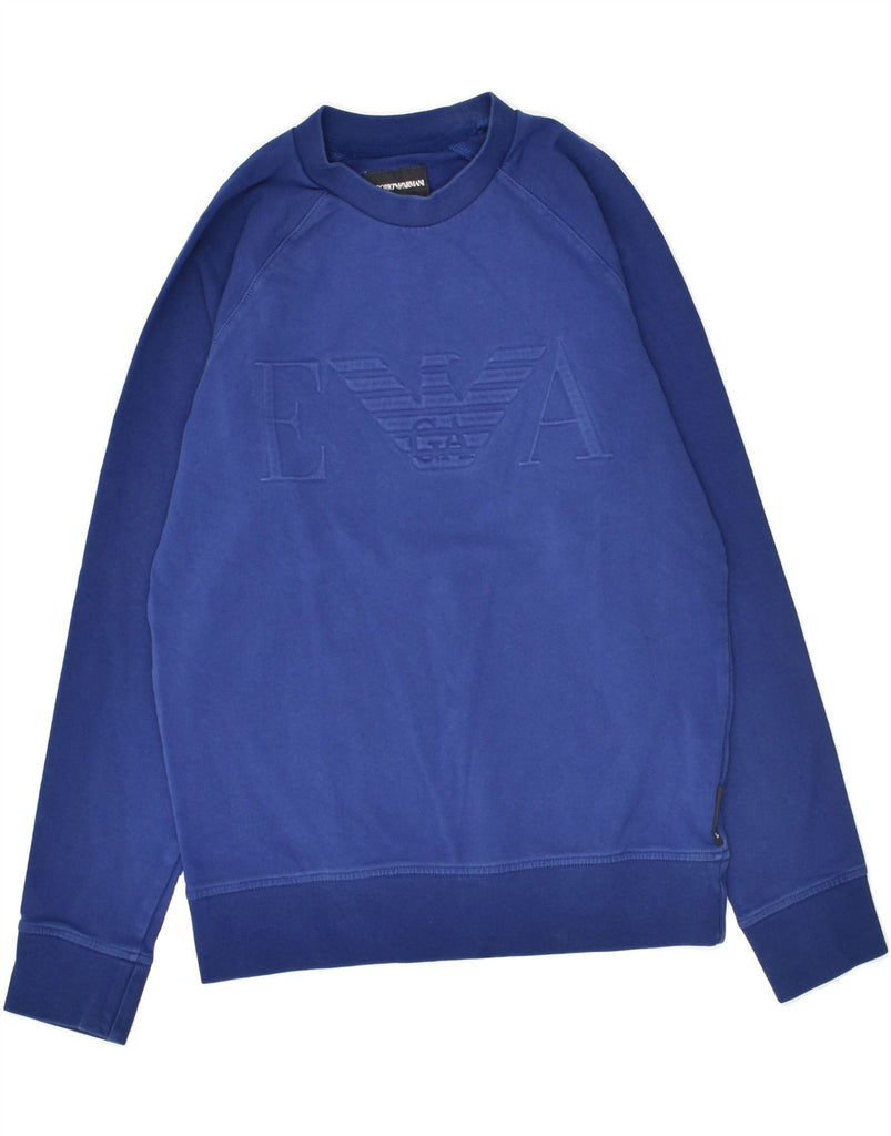 EMPORIO ARMANI Boys Graphic Sweatshirt Jumper 11-12 Years Blue Cotton | Vintage Emporio Armani | Thrift | Second-Hand Emporio Armani | Used Clothing | Messina Hembry 