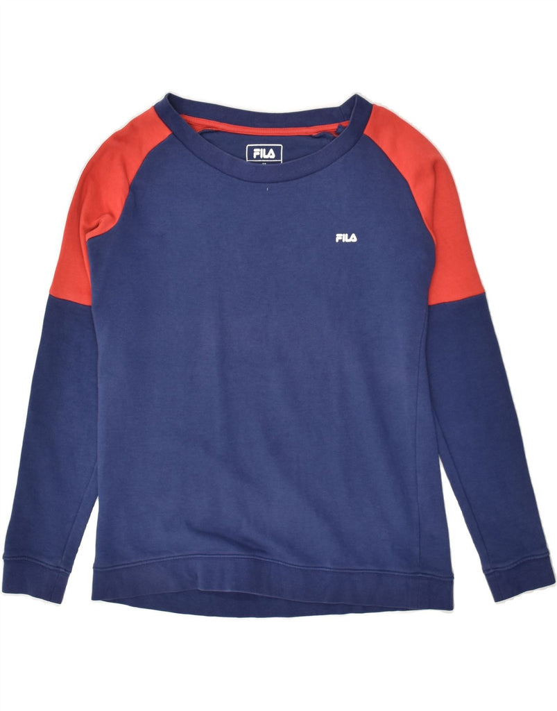 FILA Womens Sweatshirt Jumper UK 12 Medium Navy Blue Colourblock Cotton | Vintage Fila | Thrift | Second-Hand Fila | Used Clothing | Messina Hembry 