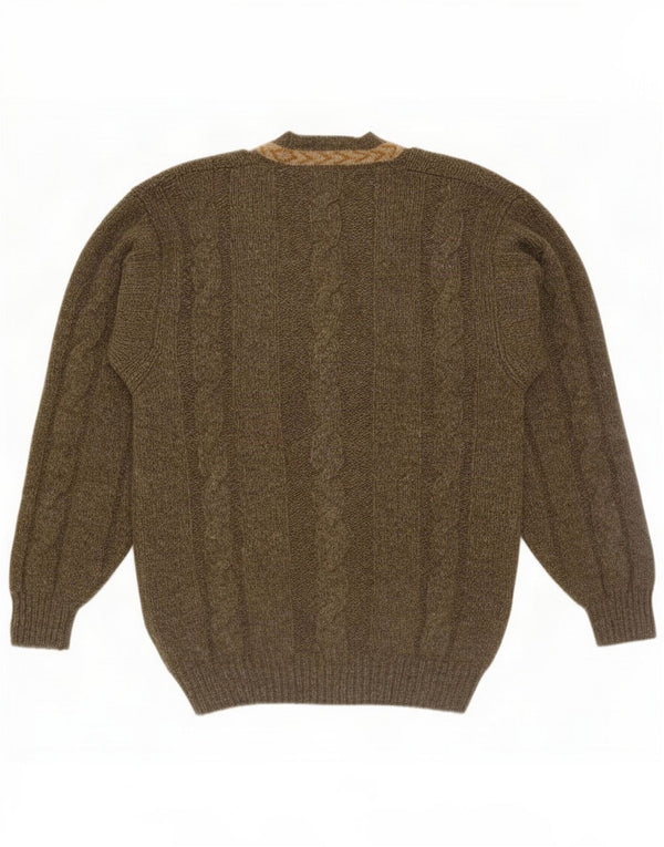 Macalastair Mens V-Neck Jumper Sweater UK 42 Large Khaki Geometric