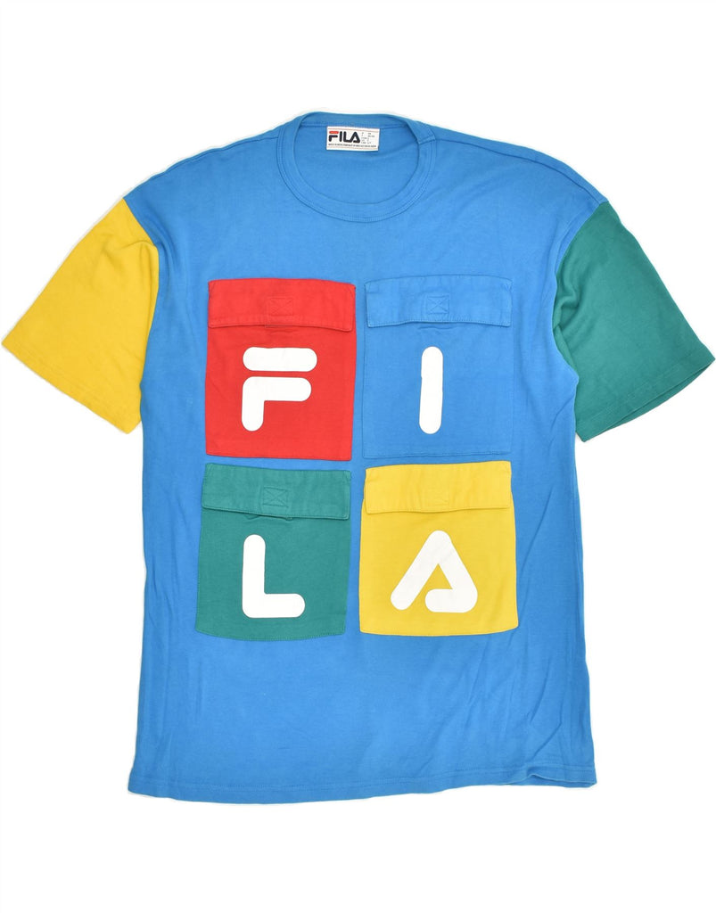 FILA Mens Graphic T-Shirt Top Small Blue Colourblock Cotton | Vintage Fila | Thrift | Second-Hand Fila | Used Clothing | Messina Hembry 