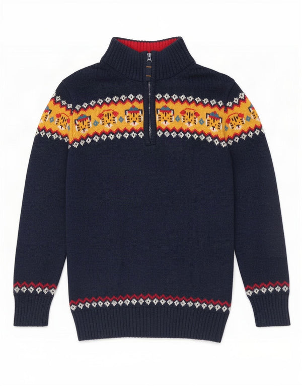 Fat Face Boys Zip Neck Jumper Sweater 6-7 Years Navy Blue Fair Isle Cotton