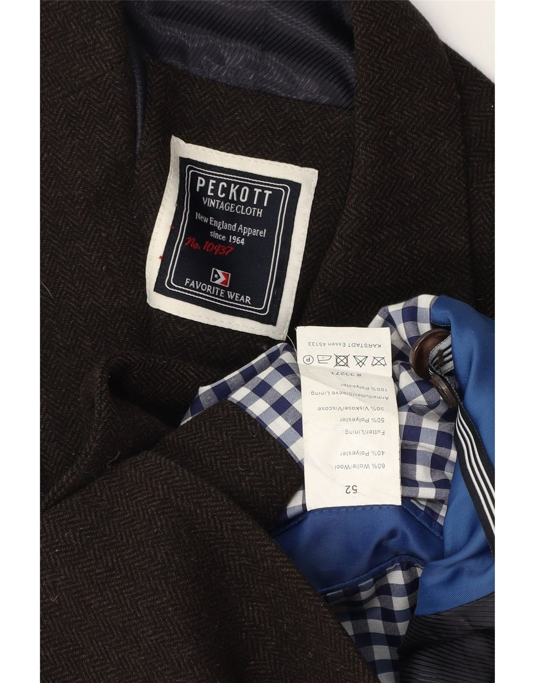 Peckott Mens 2 Button Blazer Jacket IT 52 XL Brown Herringbone Wool