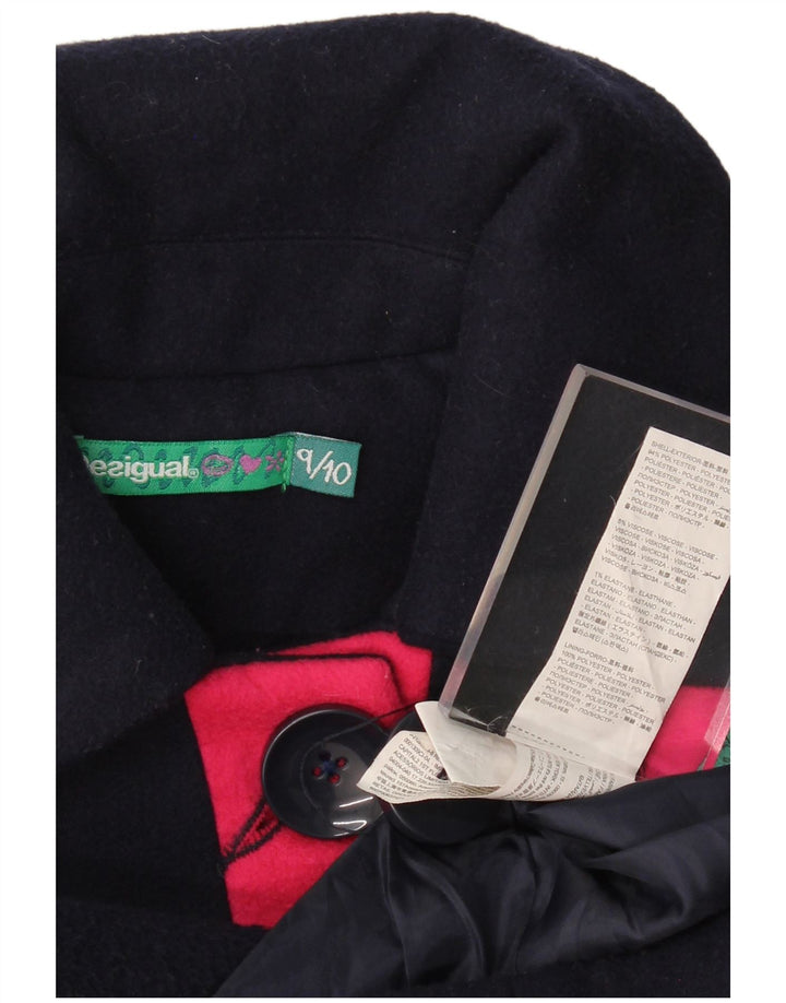 DESIGUAL Girls Graphic Overcoat 9-10 Years Navy Blue Patchwork Polyester