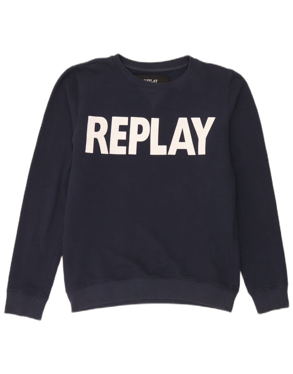 Replay Mens Graphic Sweatshirt Jumper Medium Navy Blue Cotton