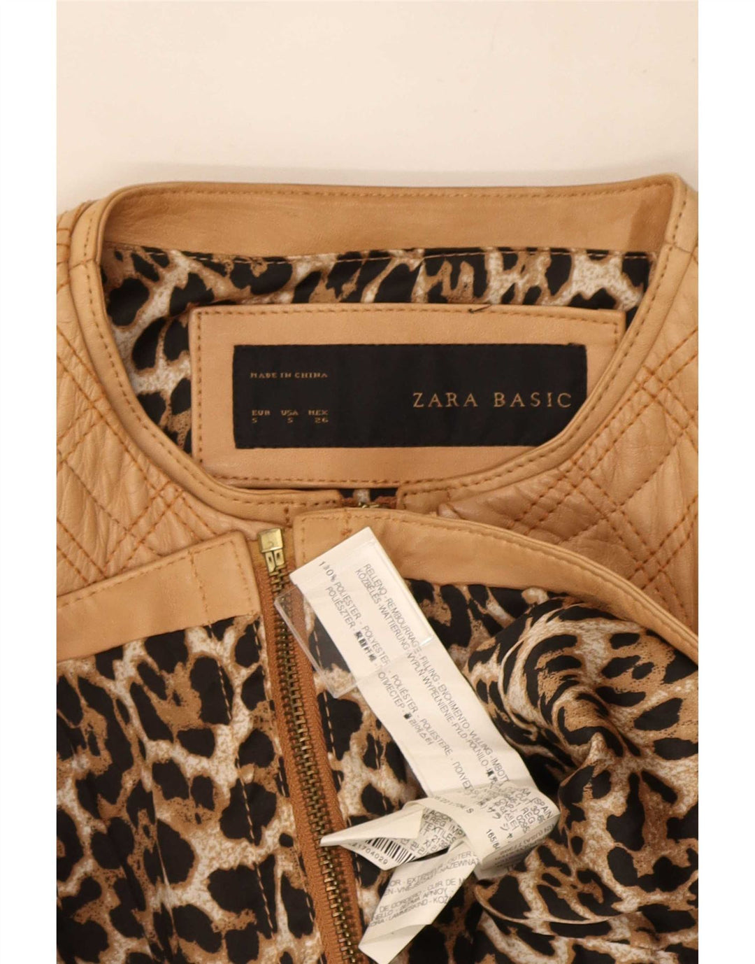Zara Womens Crop Faux Leather Quilted Jacket UK 8 Small Beige Polyester