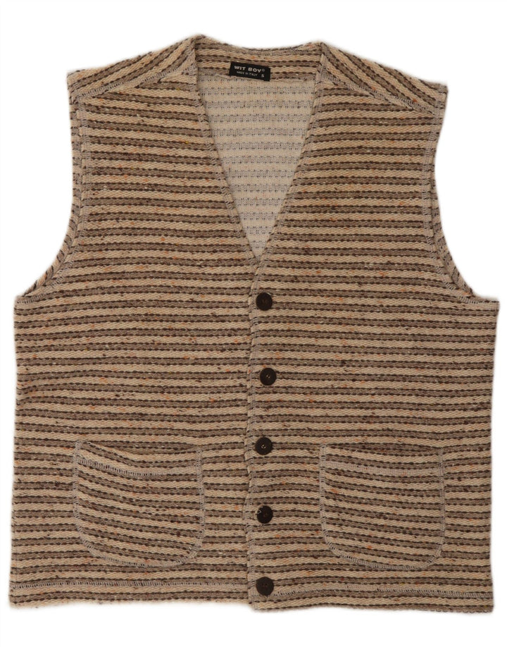 Wit Boy Mens Sleeveless Cardigan Sweater Small Beige Striped Wool