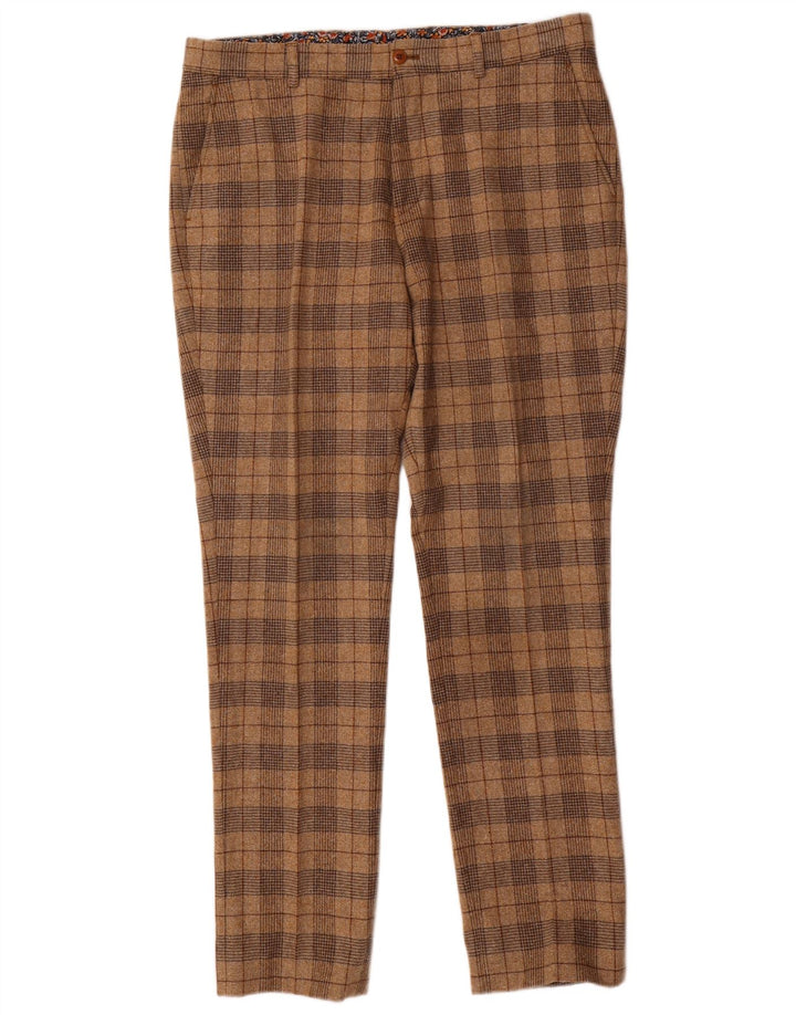 Guide London Womens Slim Chino Trousers W34 L32 Beige Check Wool